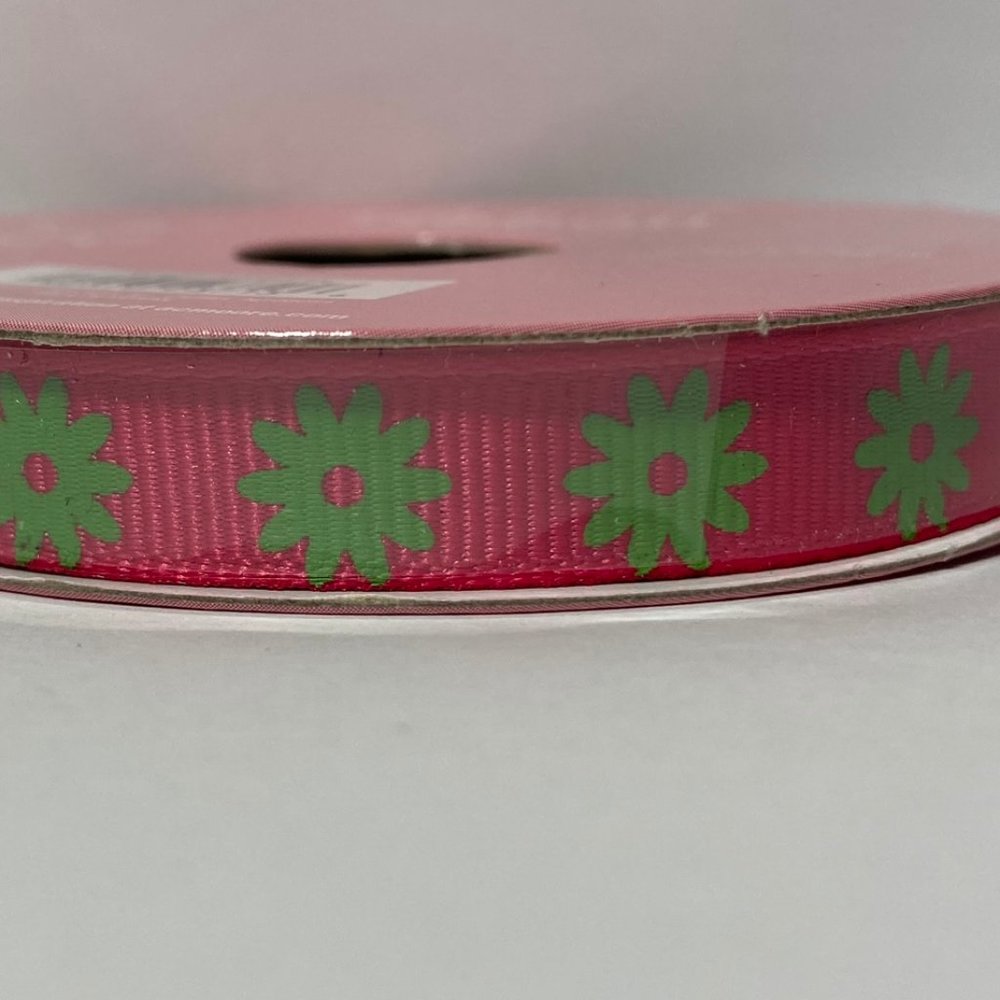 Hot Pink Bright Green Floral Ribbed Ribbon 6 Rolls